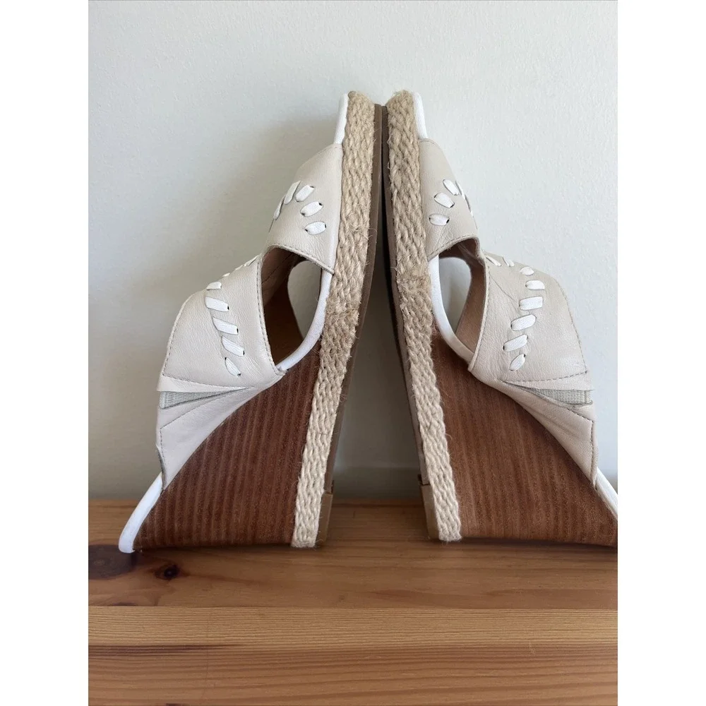 Jack Rogers Leather Slide Wedge Heel Sandals Shoes Women's 7.5 Tan White Cute
